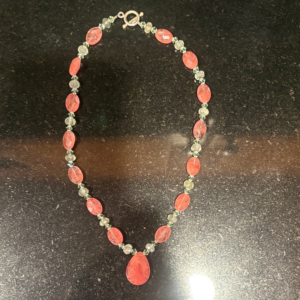 Elegant Salmon Pink quartz and green crystal Necklace